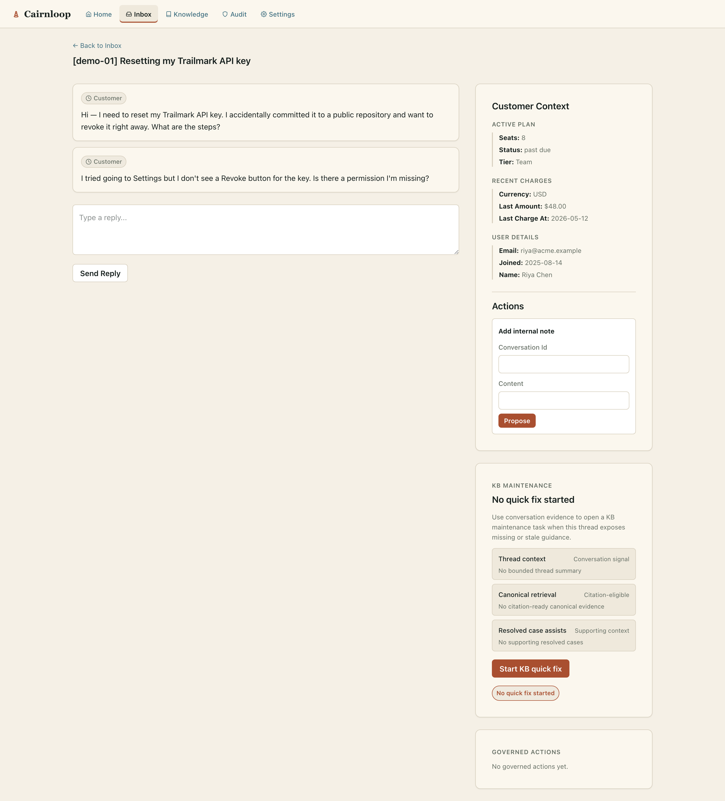 The conversation workspace: timeline plus the customer-context rail