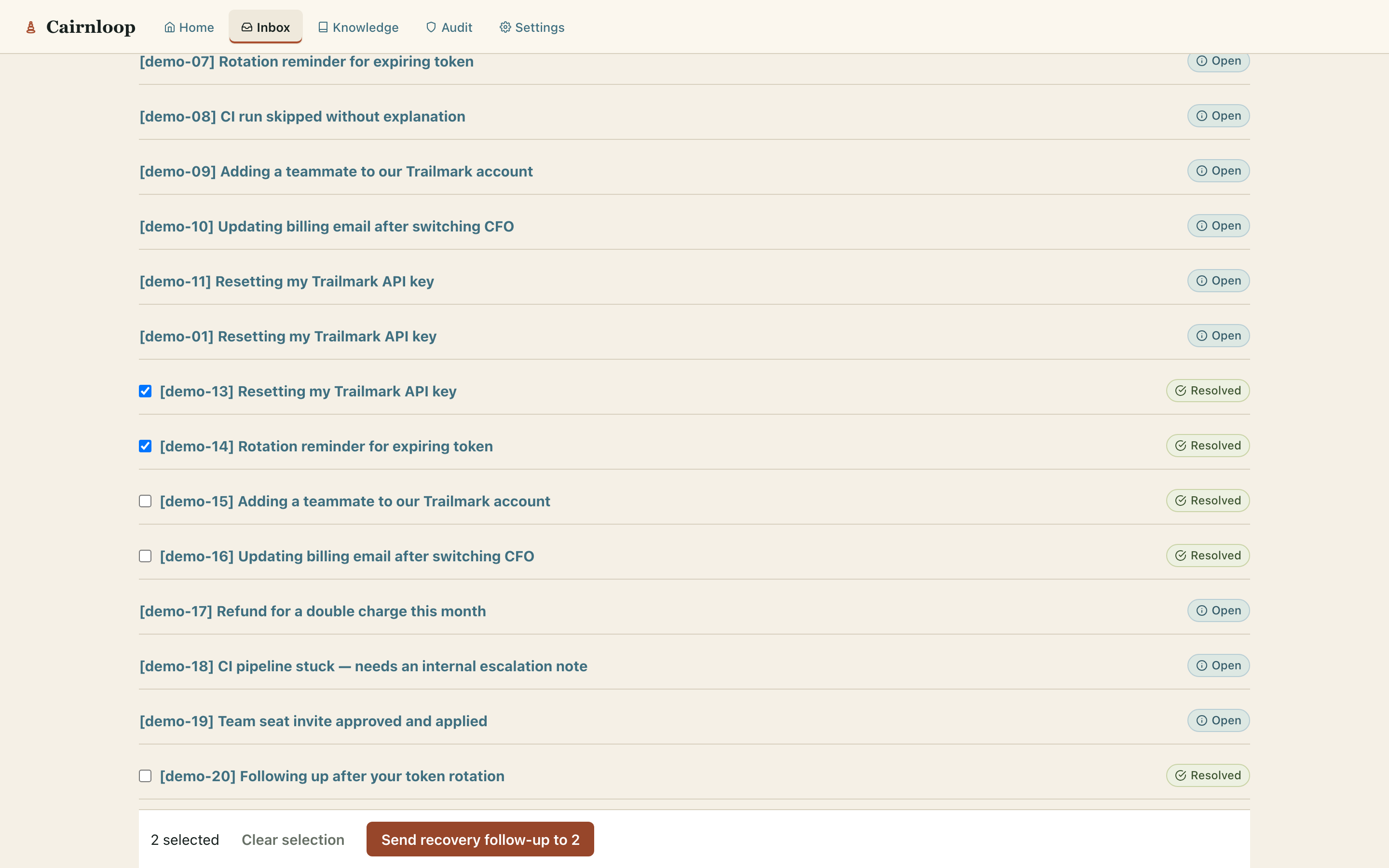 Bulk recovery: multiple resolved conversations selected with the bulk action bar